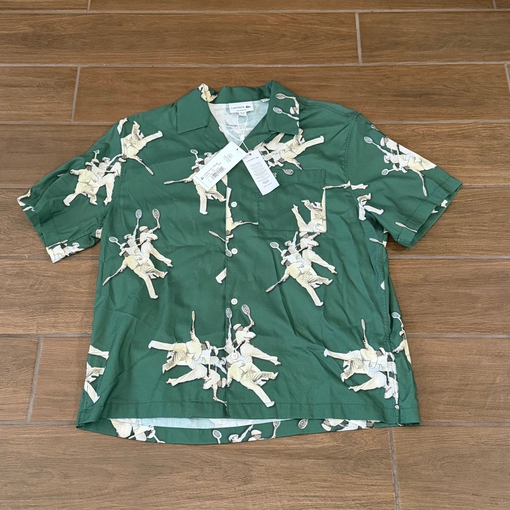 Lacoste Mens Relaxed Fit Vintage Tennis Print Button Down Shirt Green CH0113 M